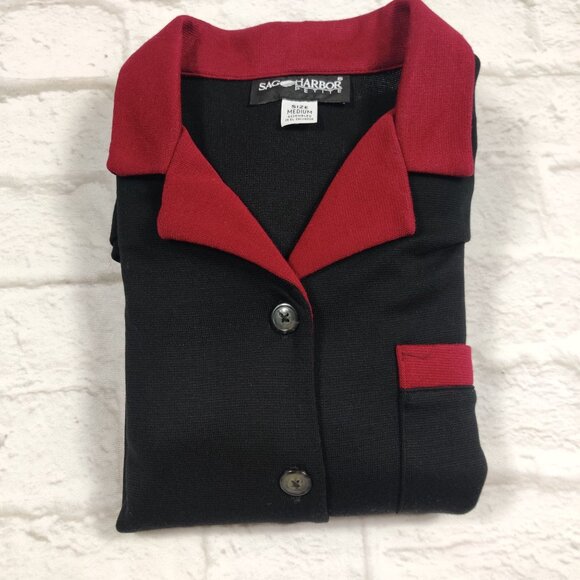 Sag Harbor Petite M Black Red Contrast Trim Button Front Blazer Vintage Retro - Picture 10 of 11